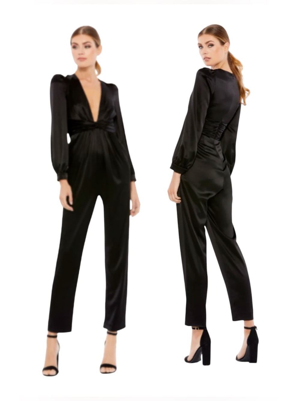 Ieena for Mac Duggal Pink Front Twist Puff Sleeve Deep V Jumpsuit Size 4